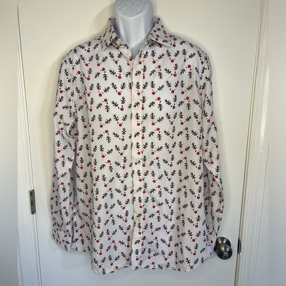 Stylish Men's Floral Button Down Shirt - White with Red and Black Design